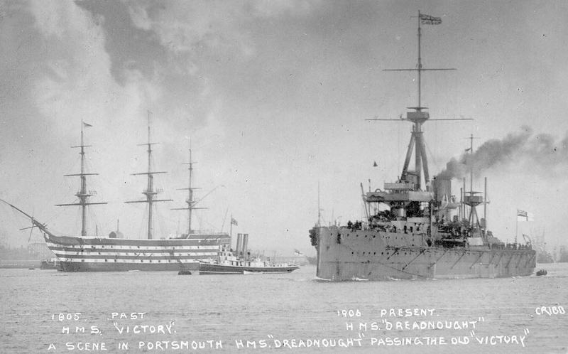 1906 HMS Dreadnought and HMS Victory in Portsmouth harbor. Cribb