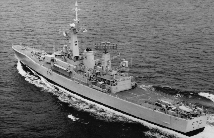 HMS Apollo (F70) at sea, a Leander class frigate of the Royal Navy