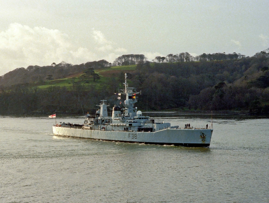HMS Arethusa (F38) sailing past Plymouth Sound