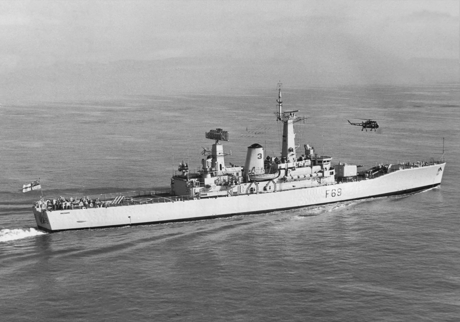 HMS Bacchante (F69) at sea with Wasp helicopter flying