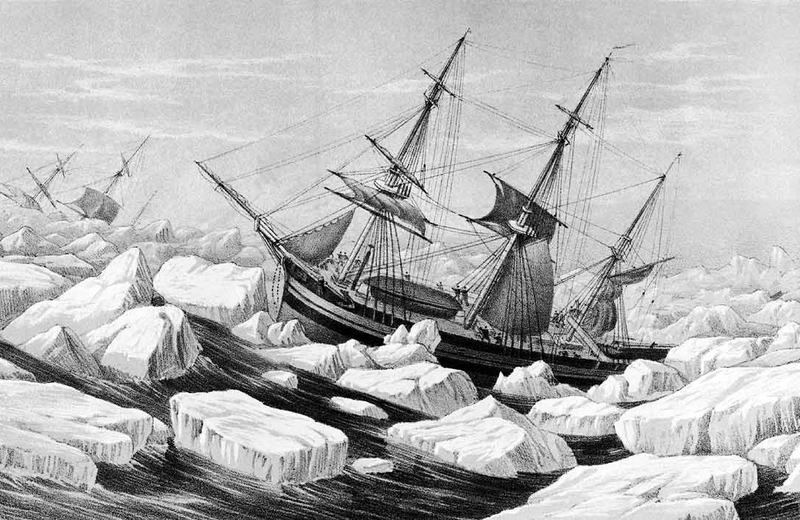 A Gale in the Pack, 20 January 1842. Engraving from A Voyage of Discovery and Research in the Southern and Antarctic Regions, during the Years 1839-43. Volume 2.", James Clark Ross, 1847.