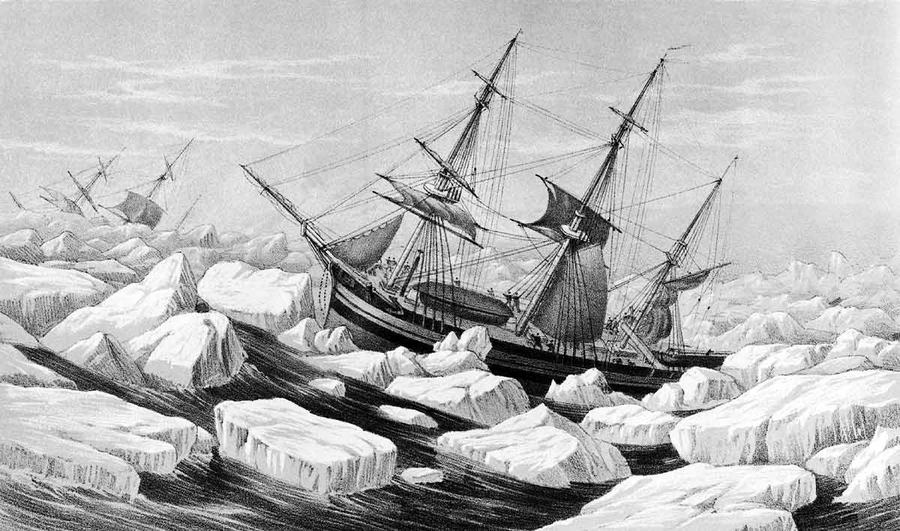 A Gale in the Pack, 20 January 1842. Engraving from A Voyage of Discovery and Research in the Southern and Antarctic Regions, during the Years 1839-43. Volume 2.", James Clark Ross, 1847.