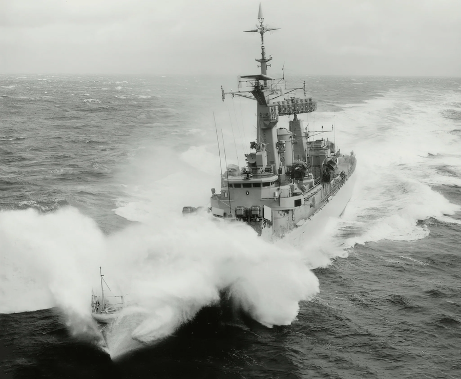 HMS Leander wearing weather
