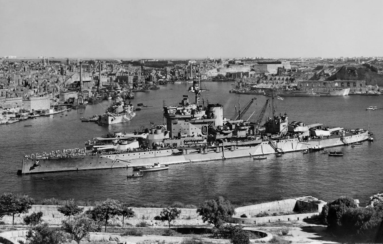 HMS Warspite (03) on buoy in Grand Harbour, Malta, 1943