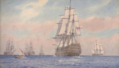 Nelson in H.M.S. Victory joining the fleet off Cadiz prior to the battle of Trafalgar