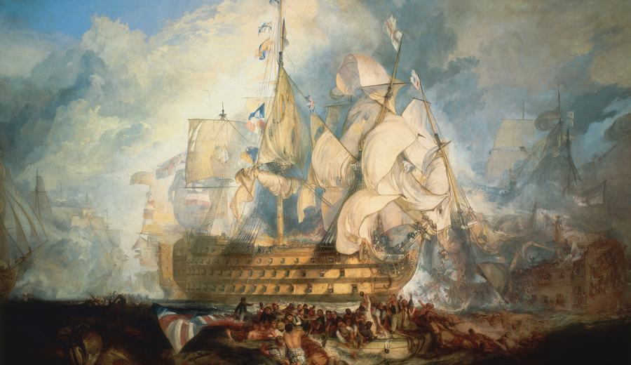 The Battle of Trafalgar by J. M. W. Turner showing the letters of the signal flying from the Victory.