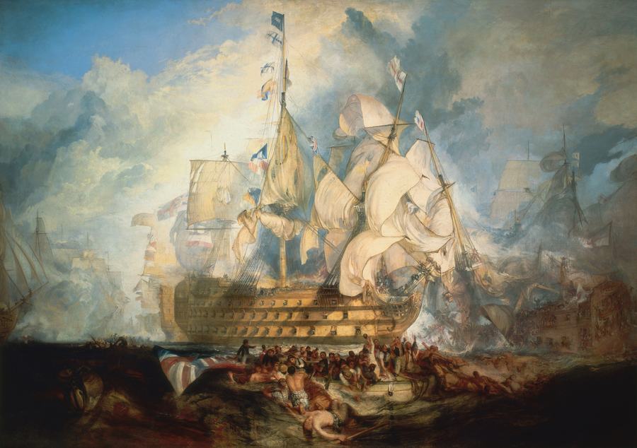 The Battle of Trafalgar by J. M. W. Turner showing the letters of the signal flying from the Victory.
