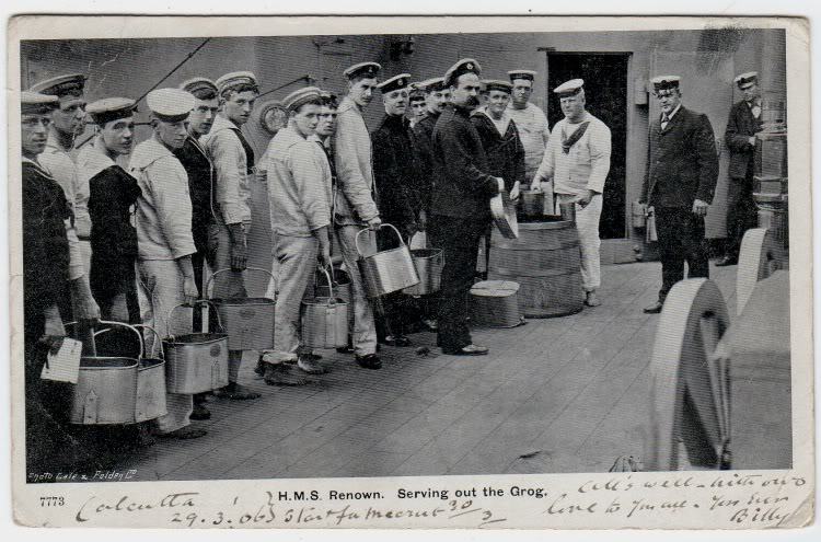 Sailors of the Royal Navy serving out grog in 1908